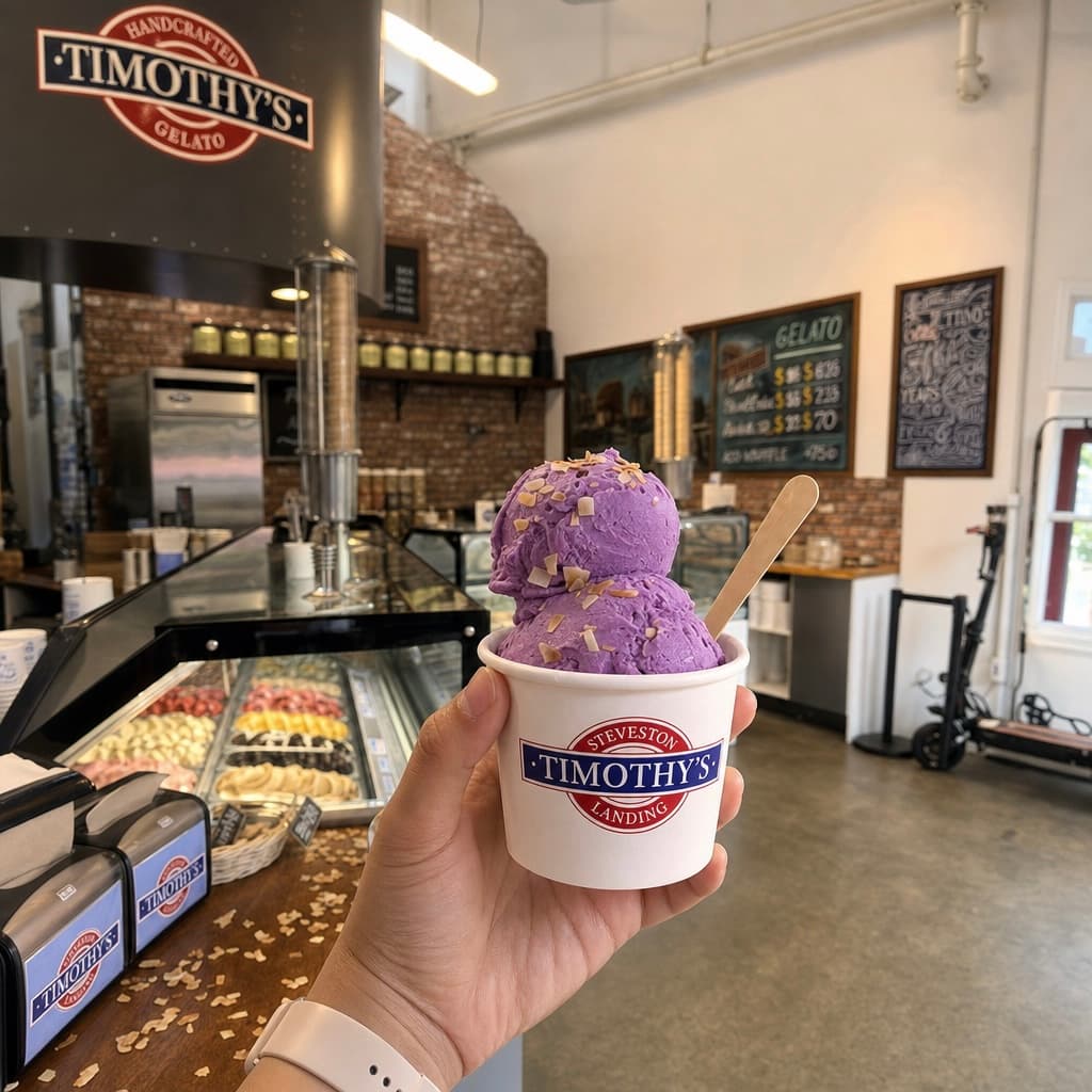 Timothy's ube gelato cup in the Steveston shop